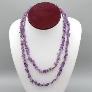 Purple Amethyst Stone Chips Boho Long Necklace Natural Polished Vtg 36"